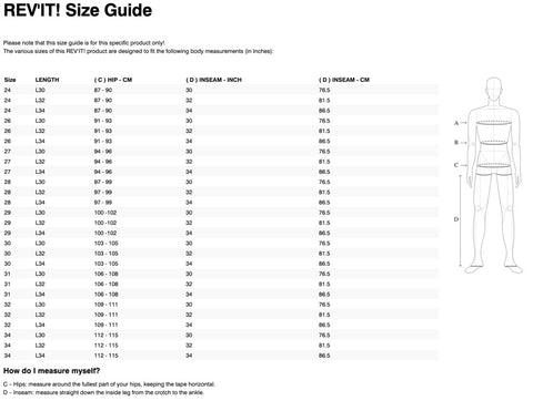 REV'IT! MADISON 2 LADIES JEANS SIZE CHART