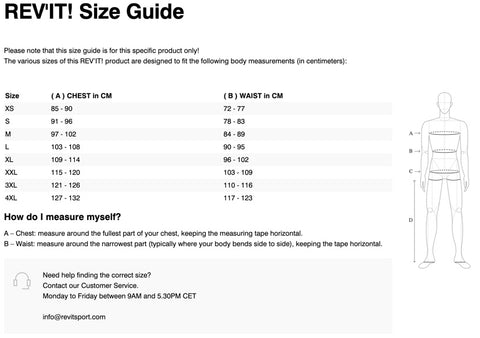 REV'IT! SAND 4 H2O JACKET SIZE CHART