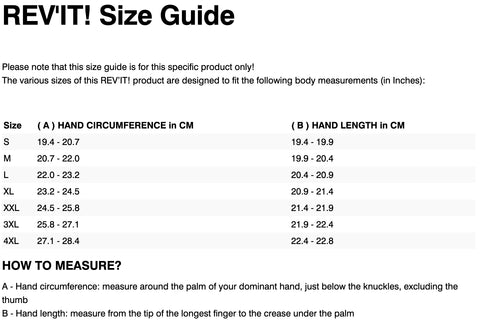 REVIT FUSION 3 GTX GLOVES SIZE GUIDE