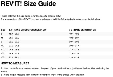 REVIT STRATOS 3 GTX GLOVES SIZE GUIDE