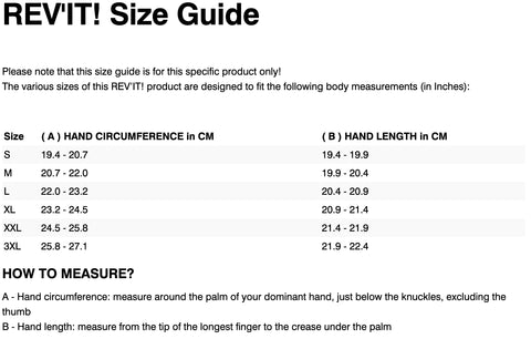 REVIT KODIAK 2 GTX GLOVES SIZE GUIDE