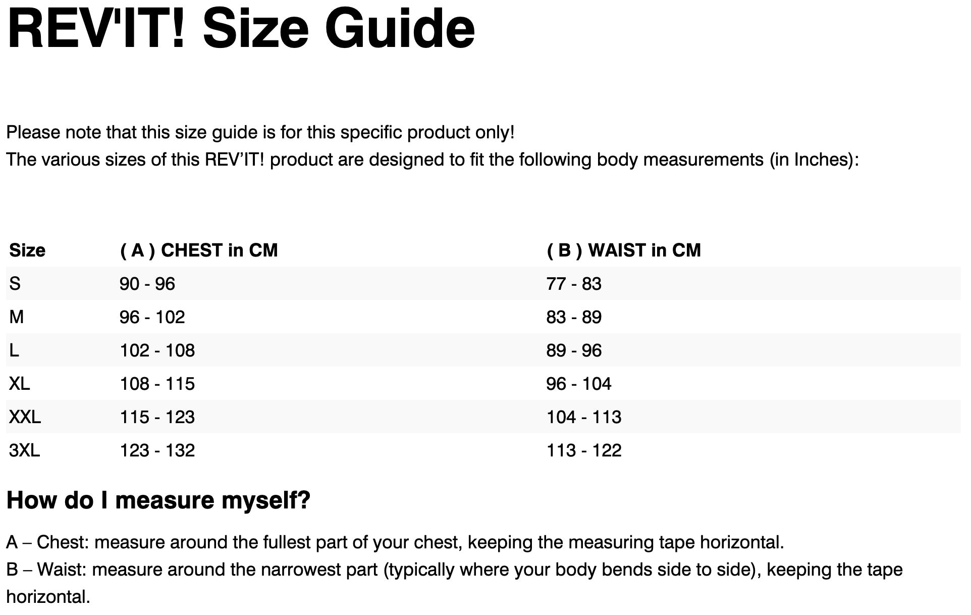 REV'IT! COMPONENT 2 H20 JACKET SIZE GUIDE