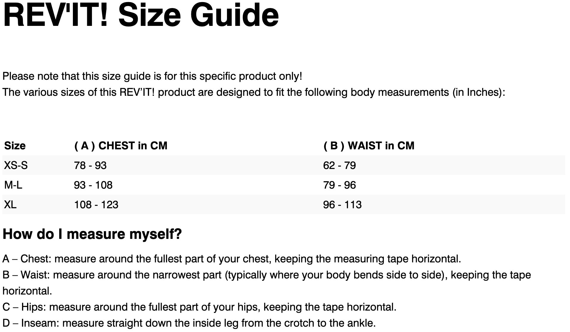 REV'IT! THERMIC SHIRT SIZE GUIDE