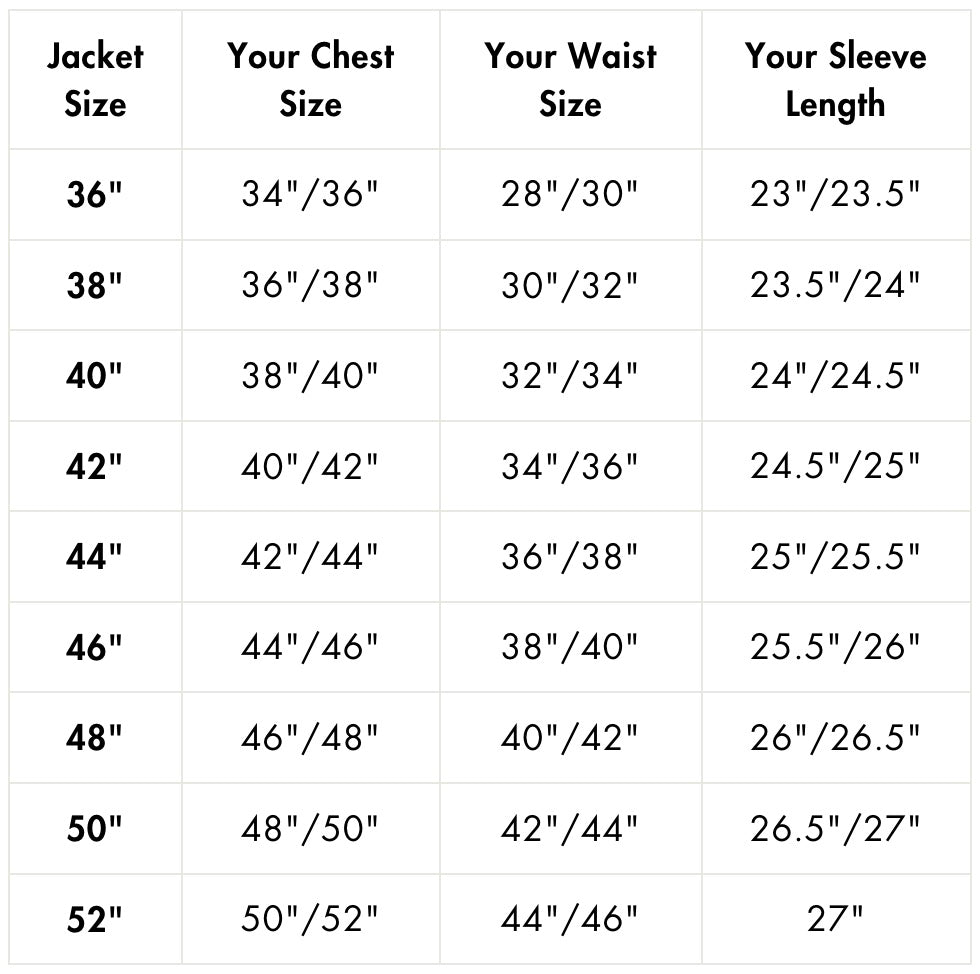 GOLDTOP JACKET SIZE GUIDE