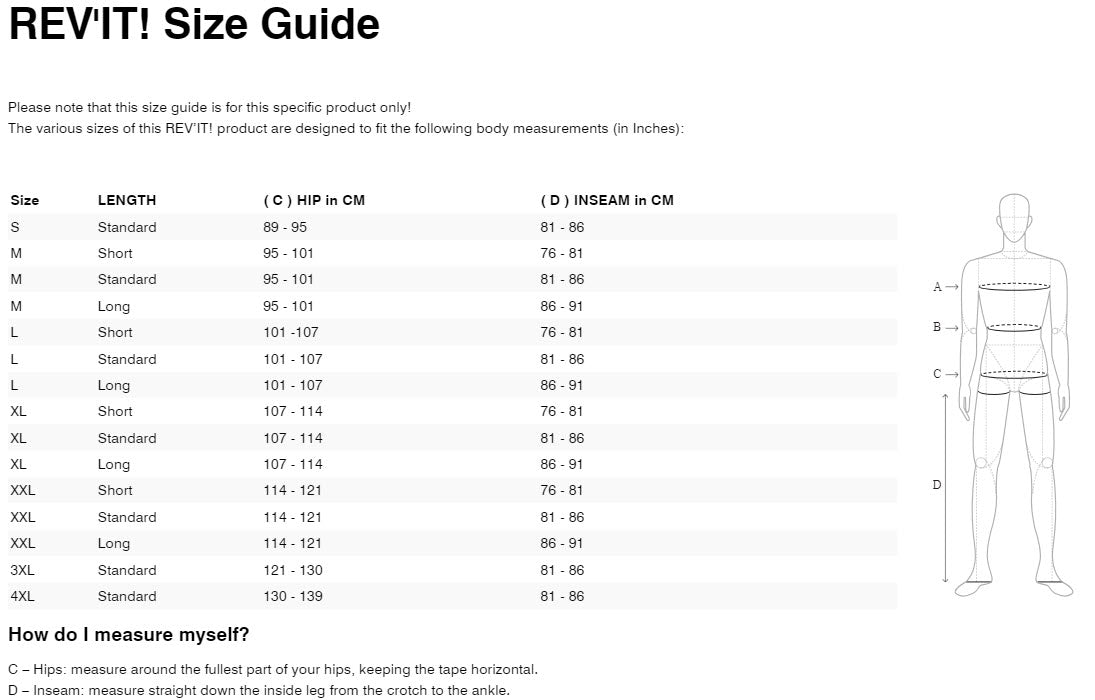 REV'IT! ECHELON GTX PANTS SIZE GUIDE