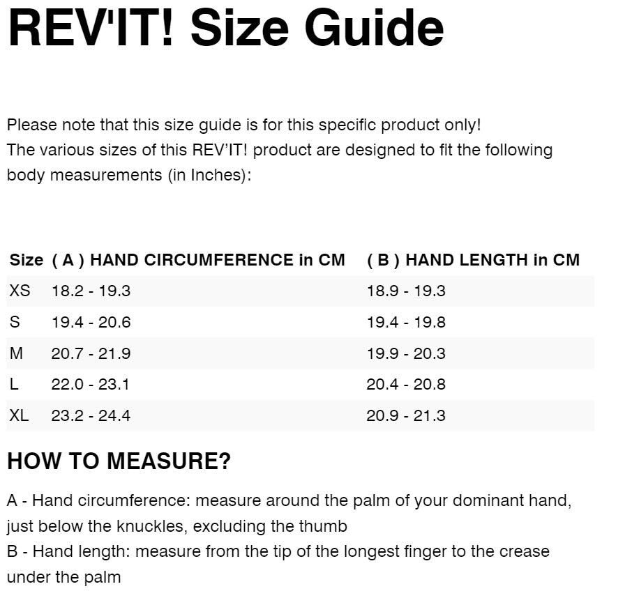 REV'IT! LIBERTY LADIES H20 GLOVES SIZE GUIDE