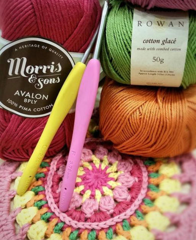 Morris & Sons Avalon 8ply cotton and Clover Amour Crochet hooks with crocheted granny square blanket