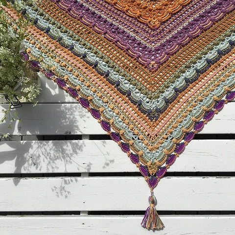 Lost in Time Crochet Shawl by Johanna Lindahl in purple, rustm and sage greens