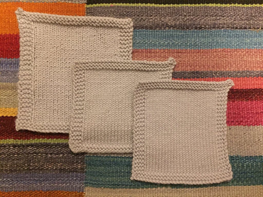 Three knitted swatches using the same yarn and needles but achieving three very different tensions