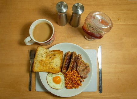 full English breakfast with an English breakfast tea