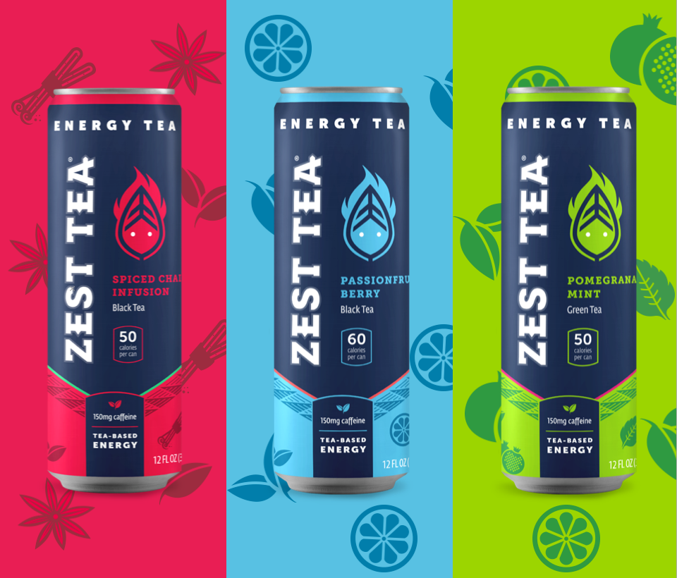 Three cans of Zest Tea. Spiced Masala Chai, Passionfruit Berry, and Pomegranate Mint.