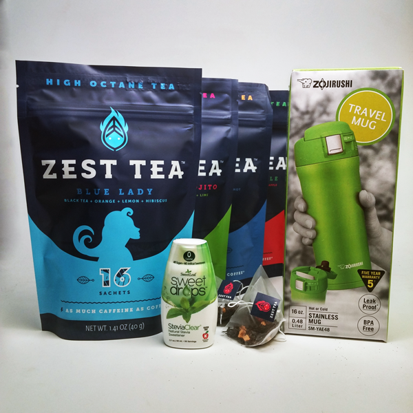 Product Set including Zest Tea Blue Lady, Pomegranate Mojito, Earl Grey, Cinnamon Apple,  Sweet Drops, and a Travel Mug