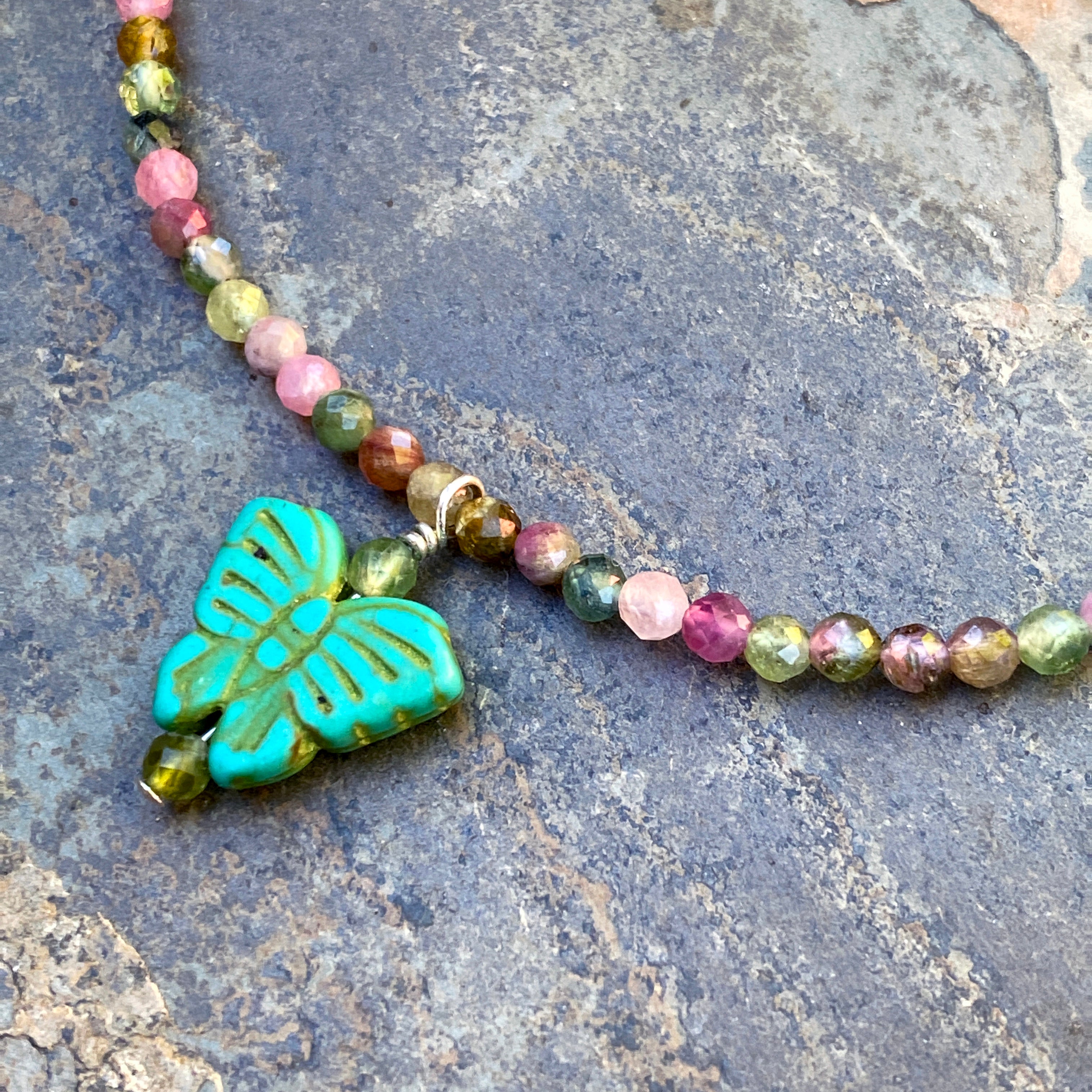Howlite butterfly and mixed tourmaline gemstone Sterling Silver anklet