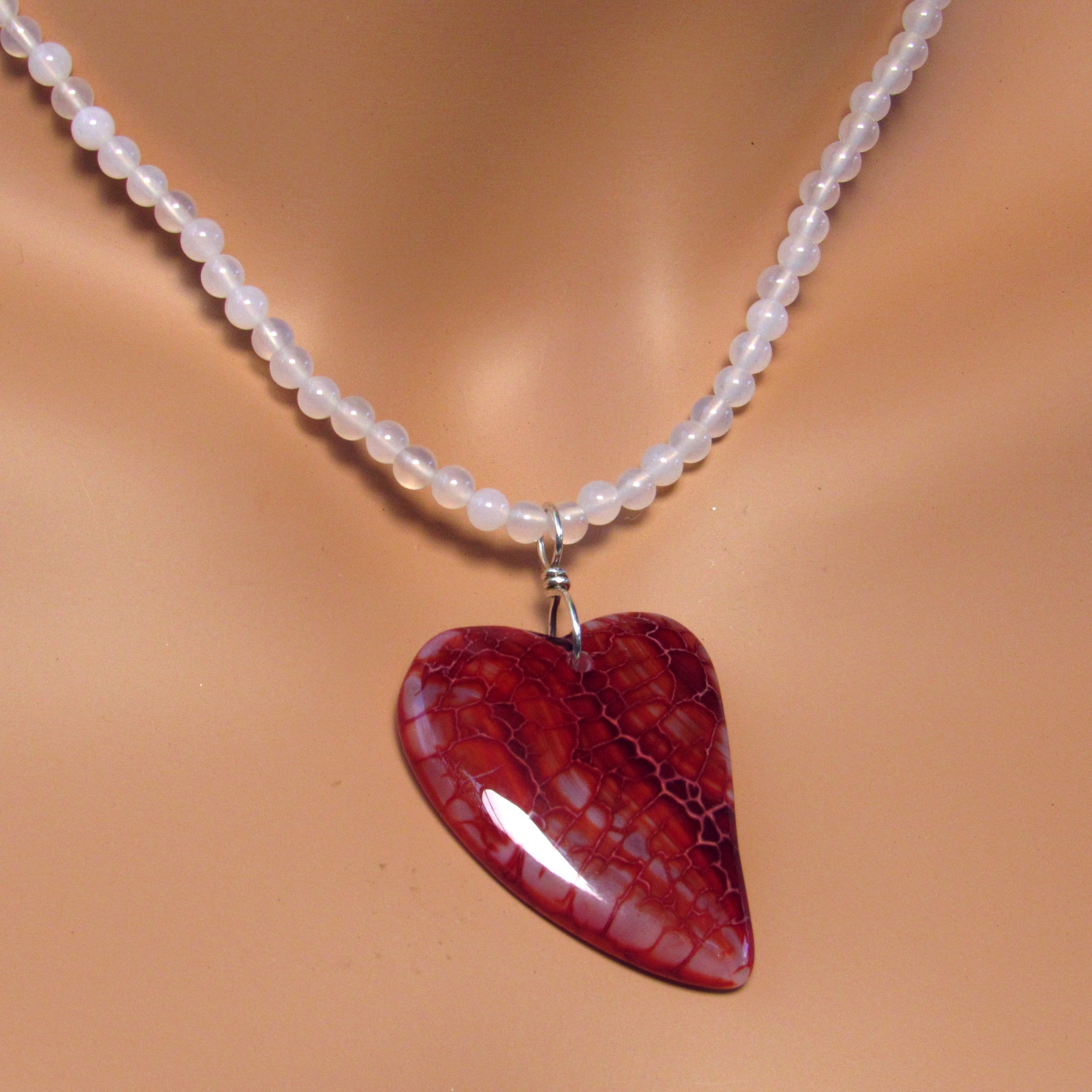 Dragon’s Vein Agate Heart Pendant, White Agate Necklace, W/ Sterling Silver