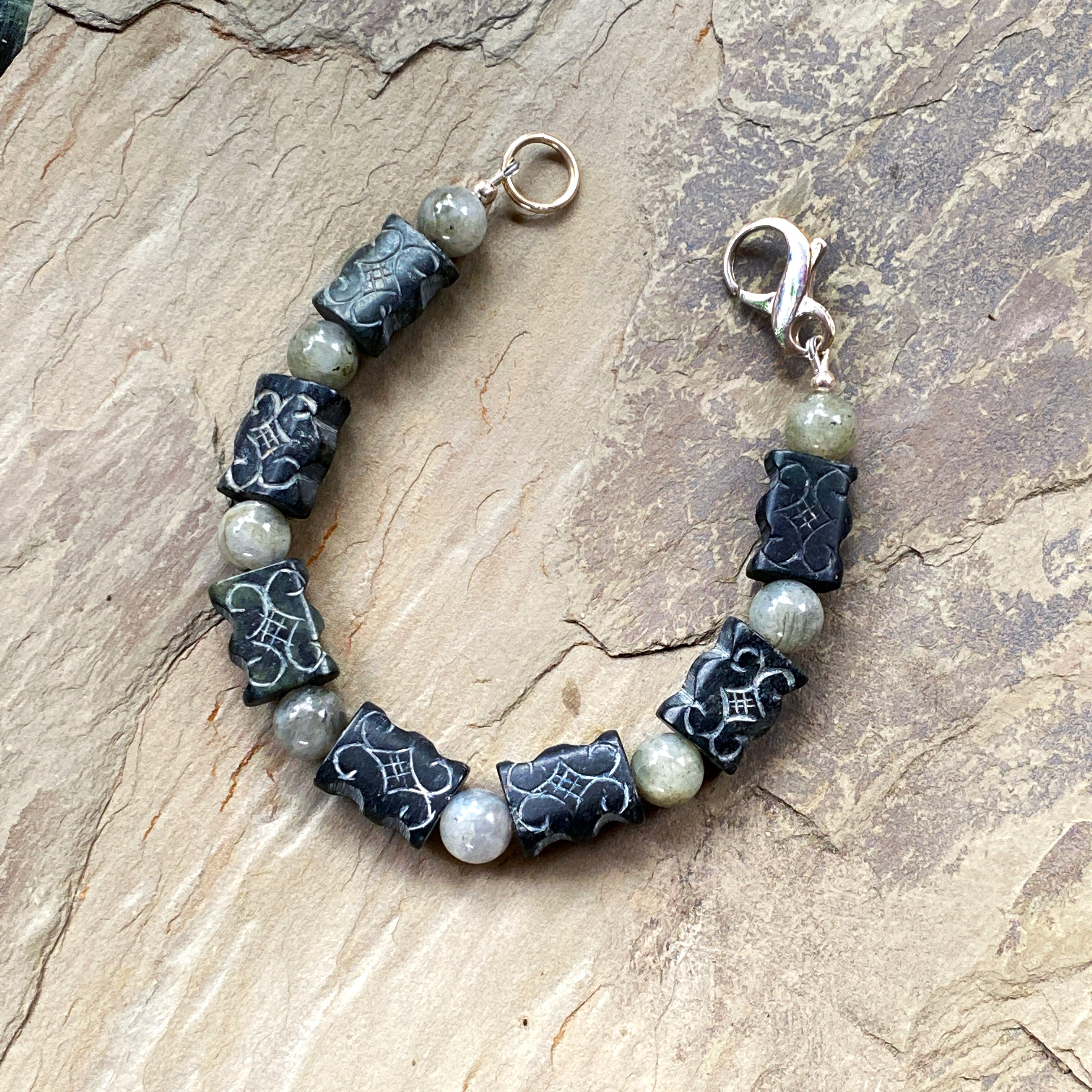 Black old jade and labradorite with sterling silver clasp