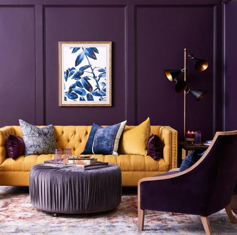 Complementary purple and yellow living room