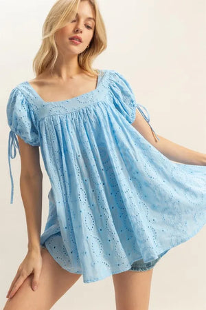 High-Low Eyelet Square Neck Short Sleeve Blouse For Women – Fluttering Feminine Summer Staple with Trendy Romantic Detailing - Stevvex 