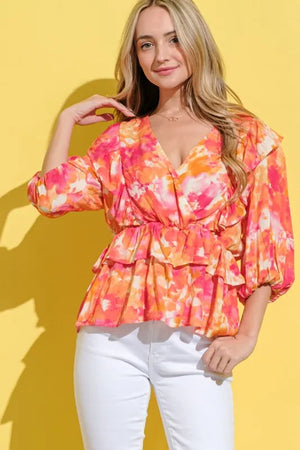 Ruffled Printed Puff Sleeve Blouse For Women – Statement Fluttering Sleeve Peplum Summer Top with Feminine Prints - Stevvex 