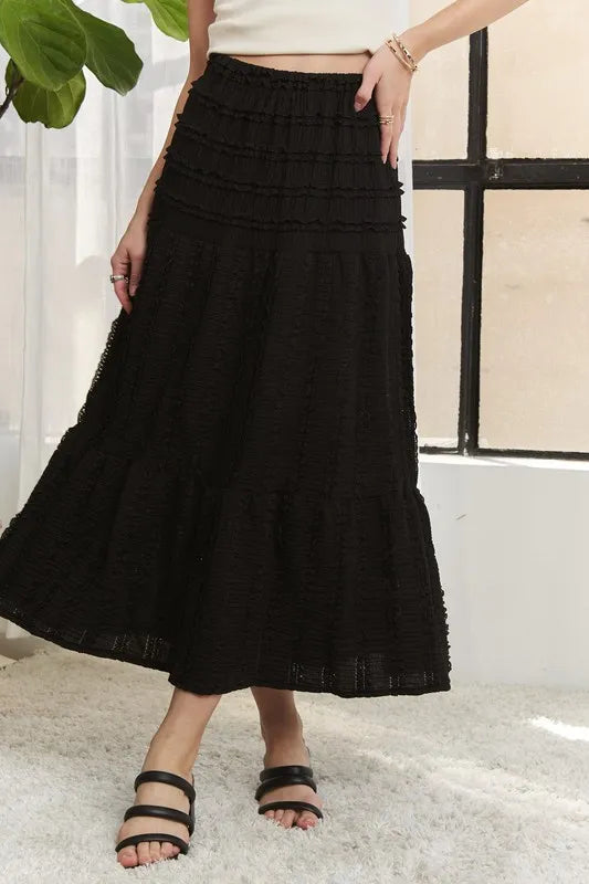 Tiered Elastic Waist Midi Skirt for Women – Comfortable Feminine Fluttering Skirt with Flowy Layers for Summer and Everyday Elegance