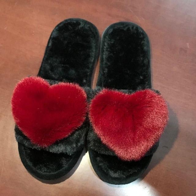 Women Indoor Warm Home Slippers Bedroom Cute Heart Pattern Non-slip Soft Comfort Plush House Heart S