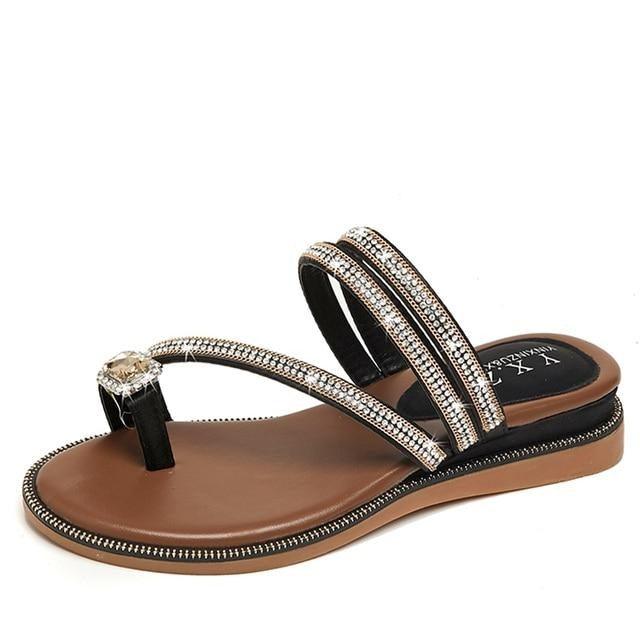 Rhinestones Women Sandals Flip Flops Summer Leather Crystal Slippers Sandals For Women Casual Summer