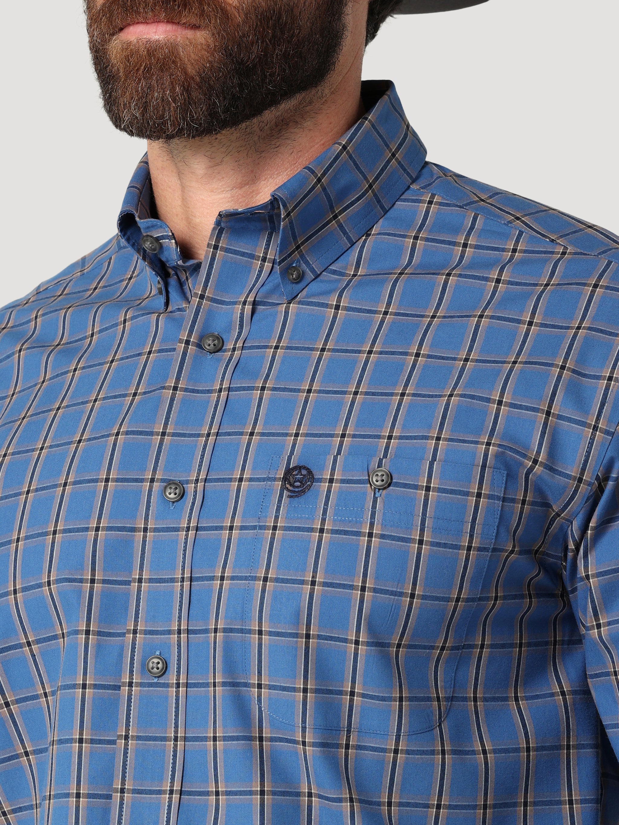 Wrangler Long Sleeve Logo Shirt Blue / Tan Plaid 2318987 - Gavel ...