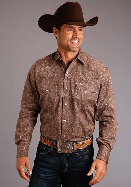 Stetson Men's Brown Medallion Paisley Long Sleeve Snap Shirt - Gavel ...