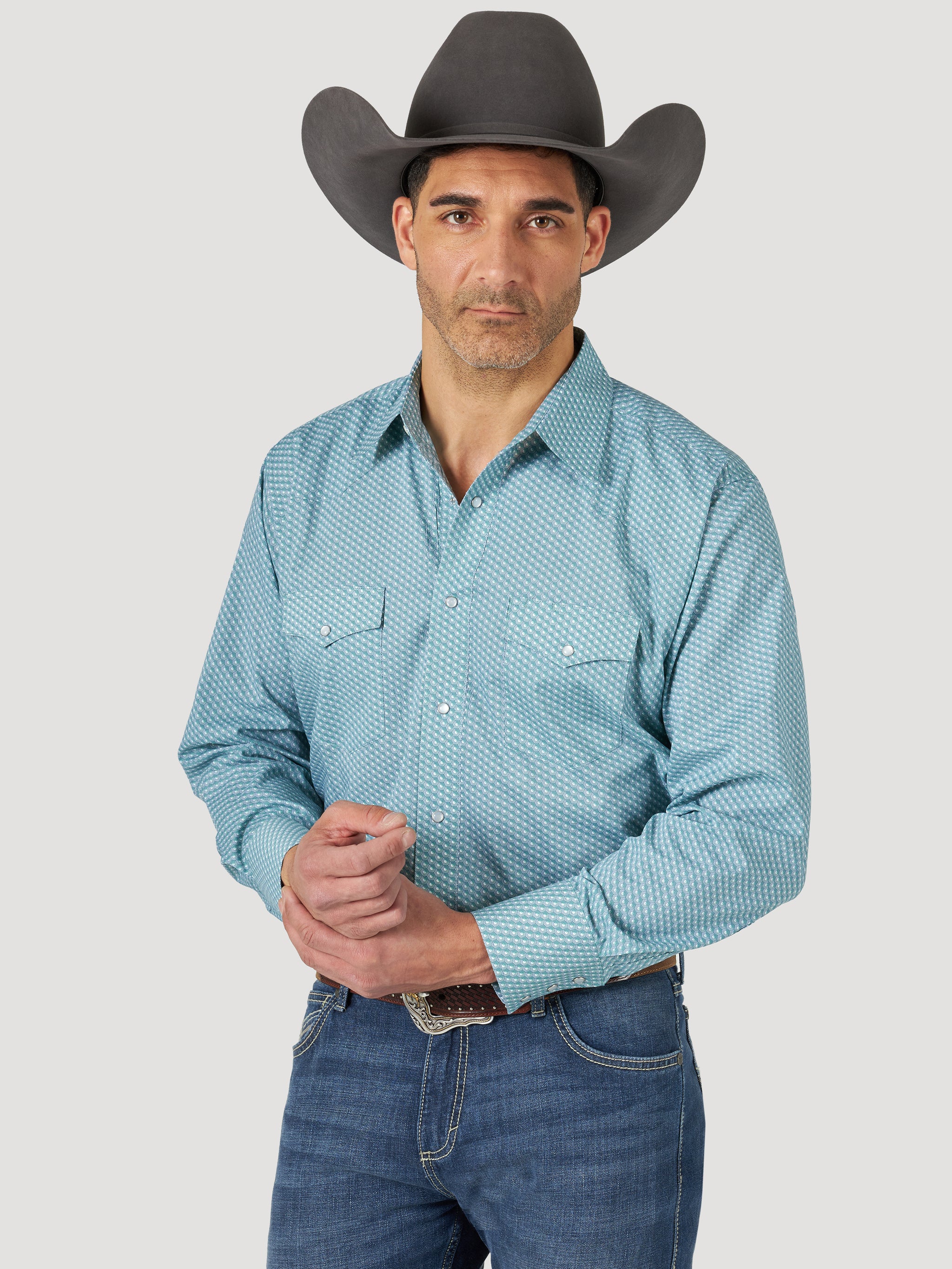 Wrangler Men's Long Sleeve Western Snap Shirt Light Teal - Gavel Western  Wear
