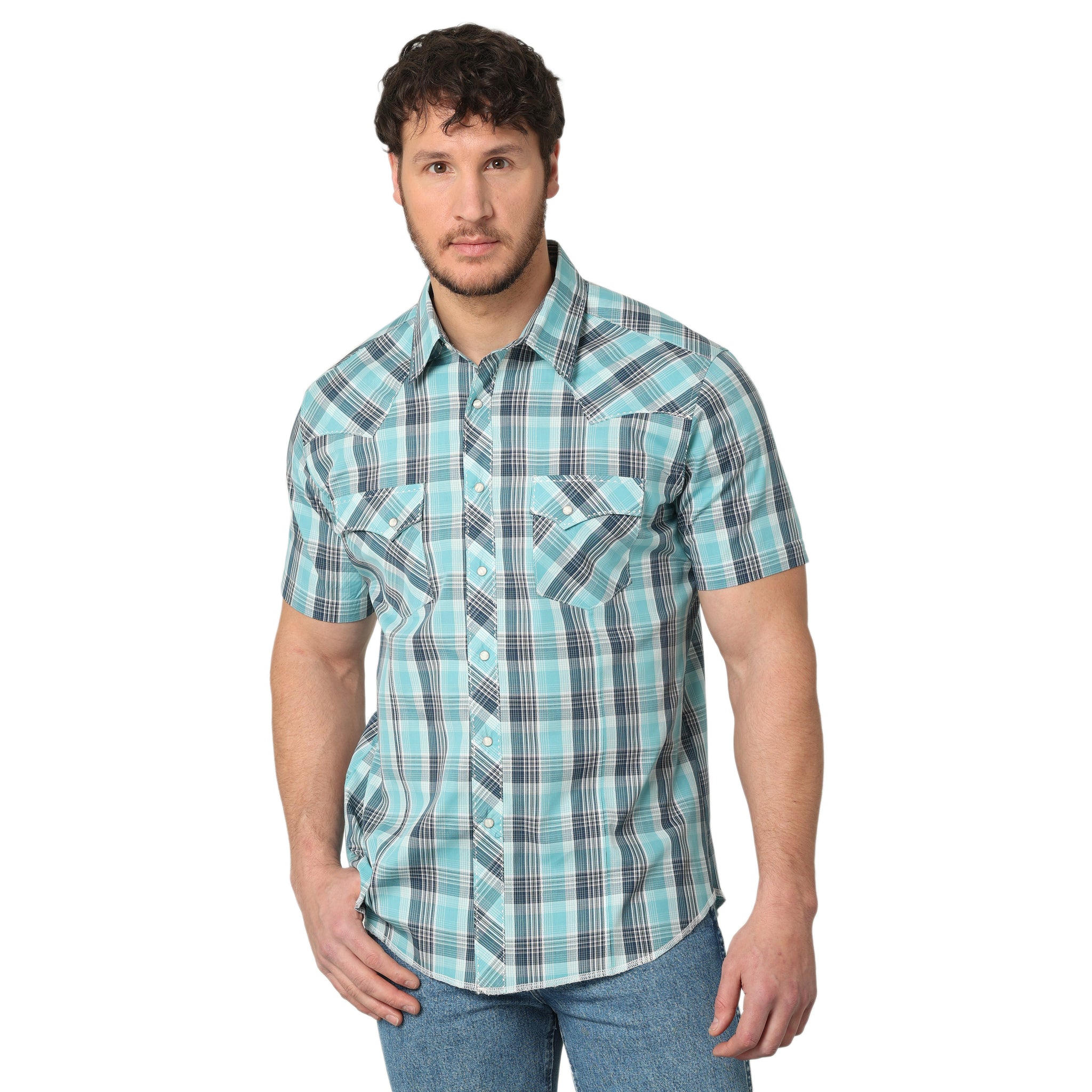 Wrangler Men's Western Fashion Plaid Snap Shirt Blue Sea - Gavel Western  Wear