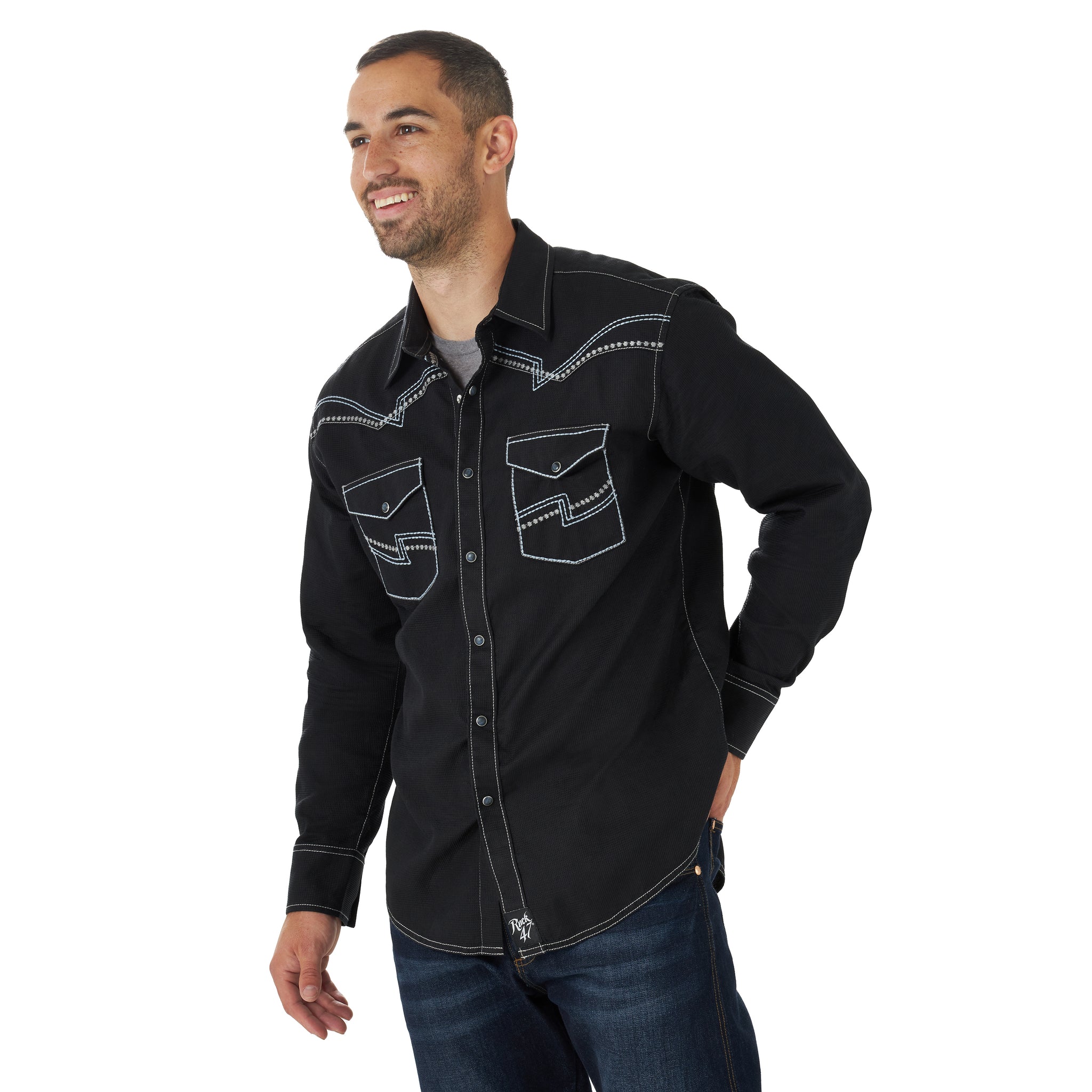 Wrangler Men's Rock 47 Embroidered Western Snap Shirt Black - Gavel Western  Wear