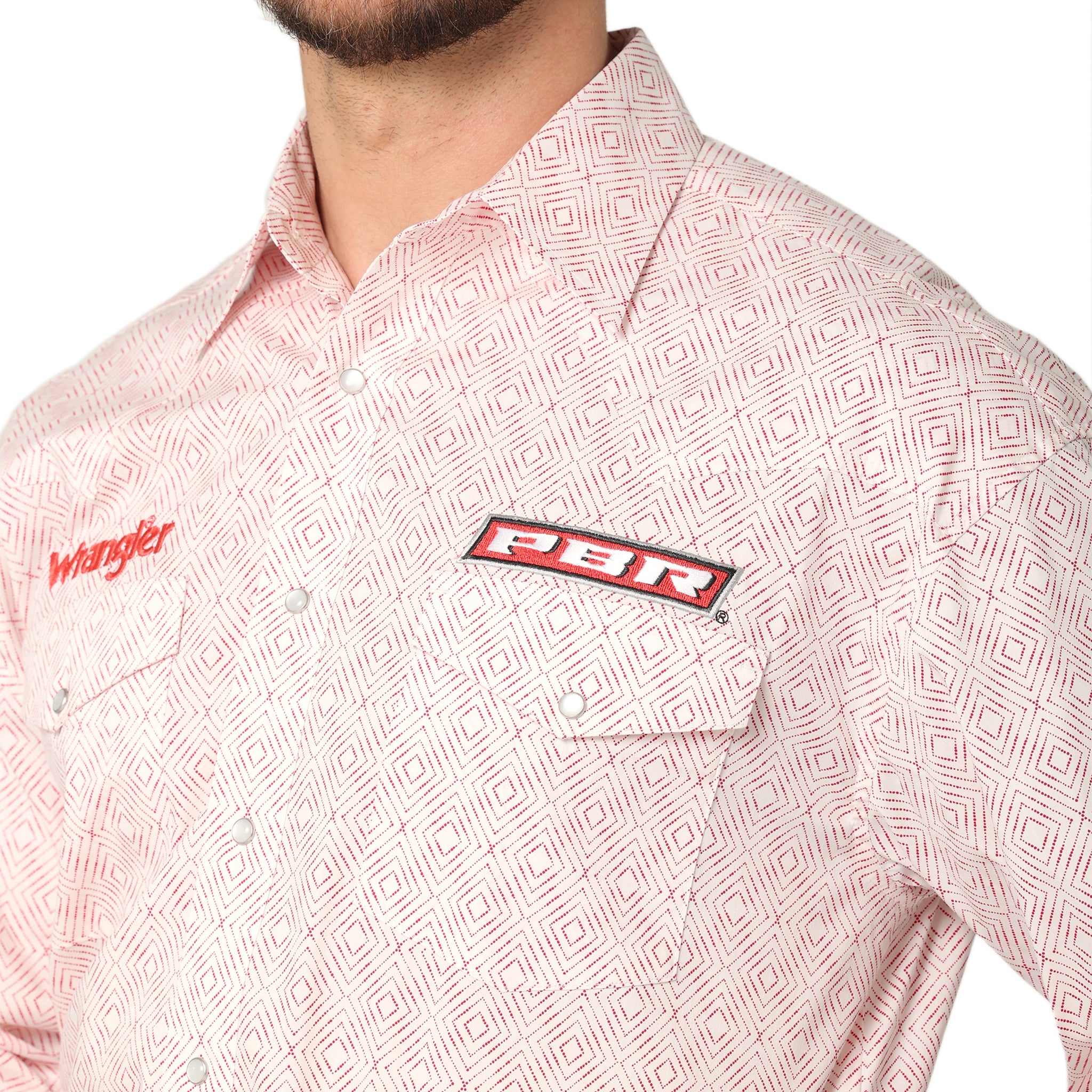 Wrangler Men's PBR Logo Western Print Snap Shirt Red Geo - Gavel Western  Wear