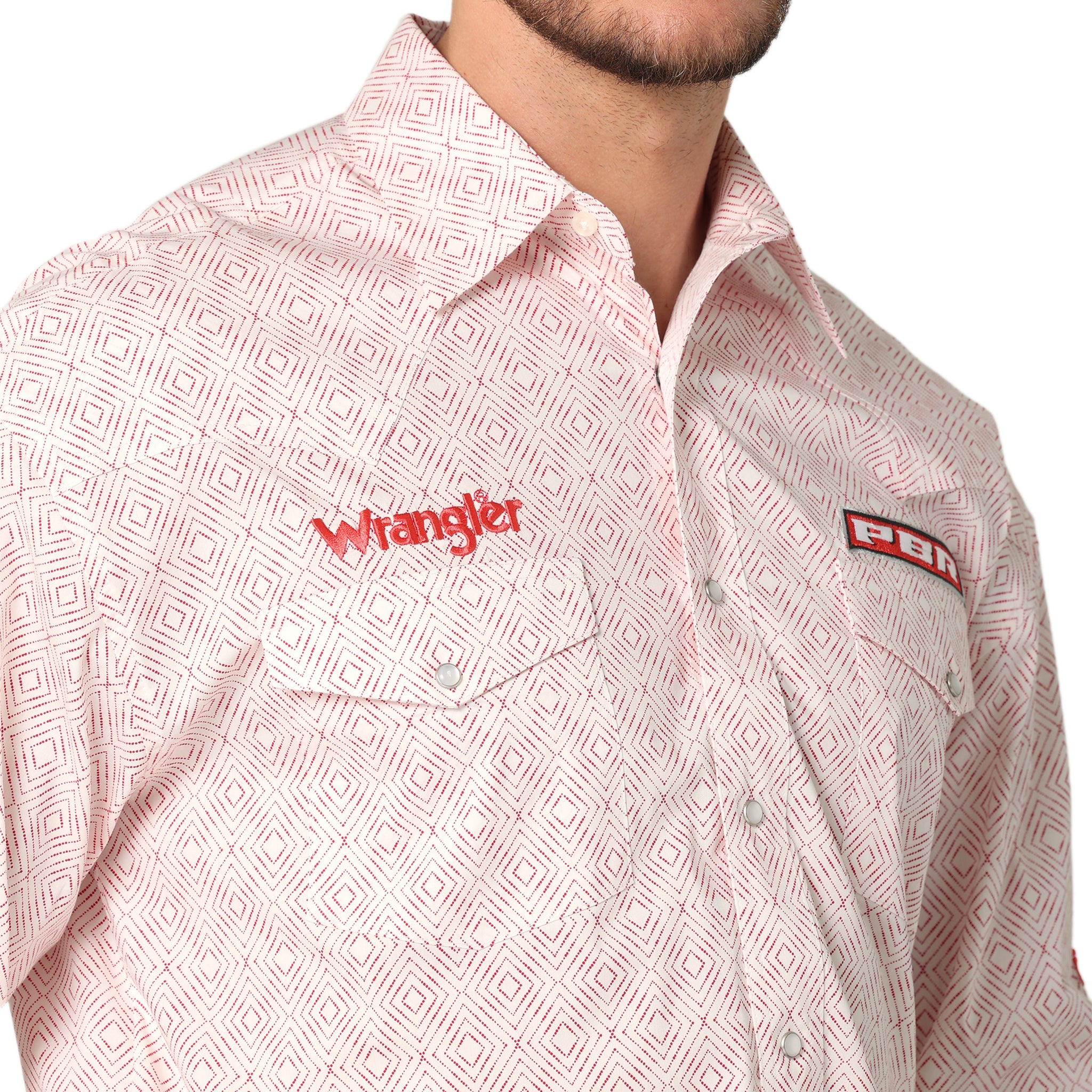 Wrangler Men's PBR Logo Western Print Snap Shirt Red Geo - Gavel Western  Wear