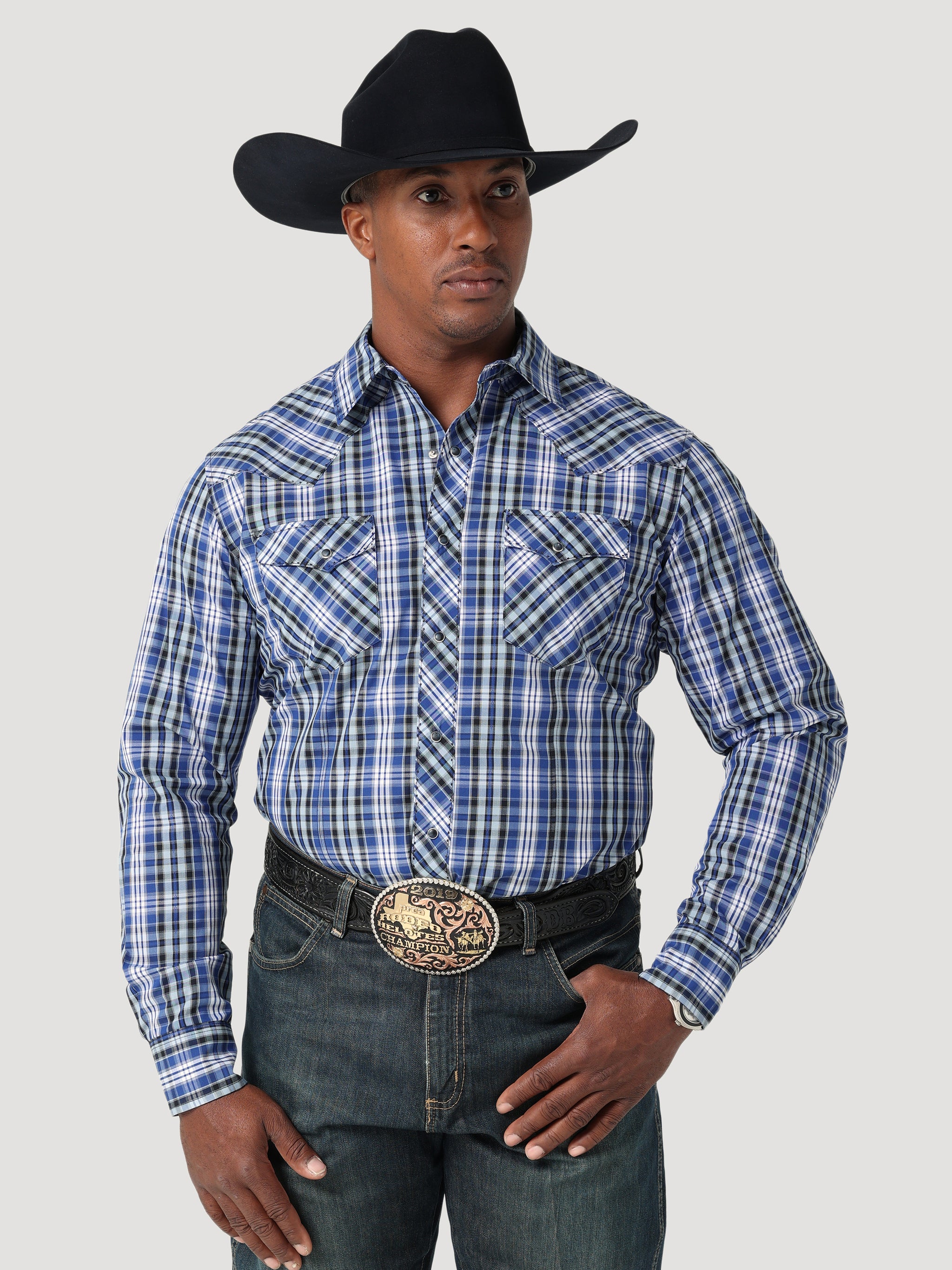 Wrangler Men's Western Fashion Snap Plaid Shirt Sodalite Blue - Gavel Western  Wear