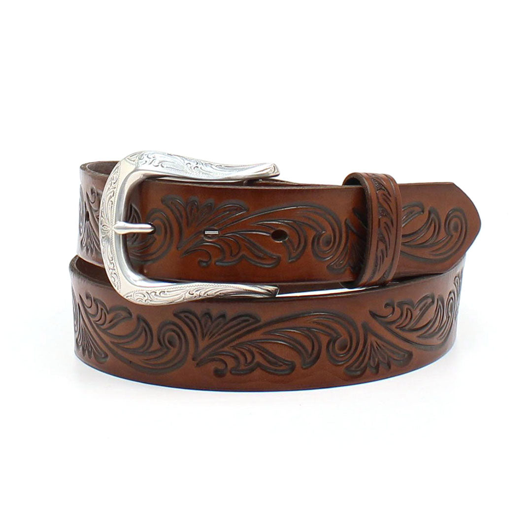 A1533602 Ariat Women's Brown Tooled Leather Belt w/Feathers & Silver  Turquoise Conchos