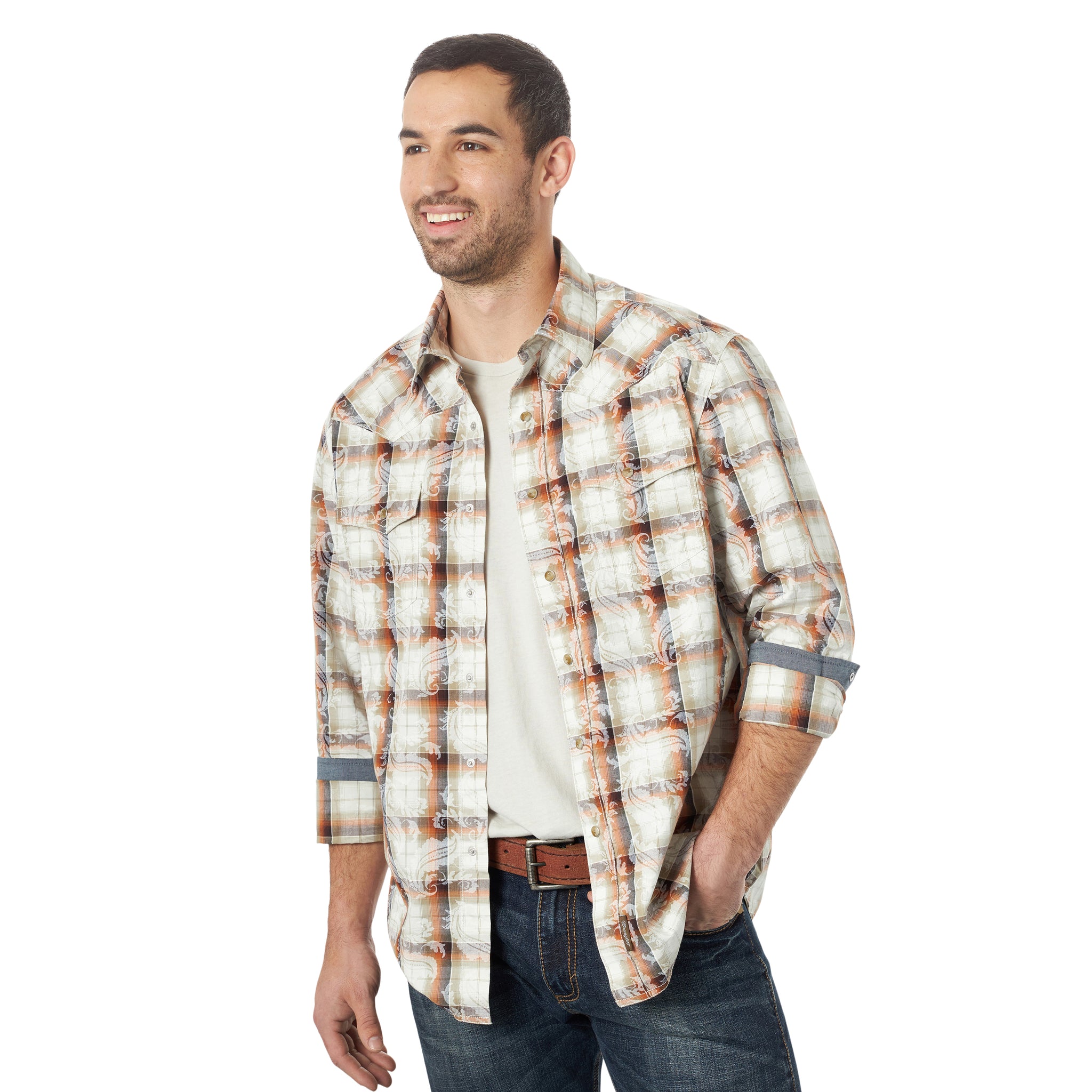 Wrangler Men's Retro Plaid Overprint Snap Shirt Tan/Orange - Gavel Western  Wear