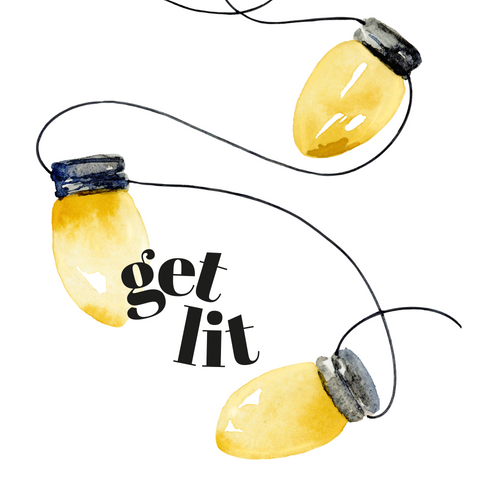 "Get Lit" Plantsome Holiday gift card with yellow painted holiday lights