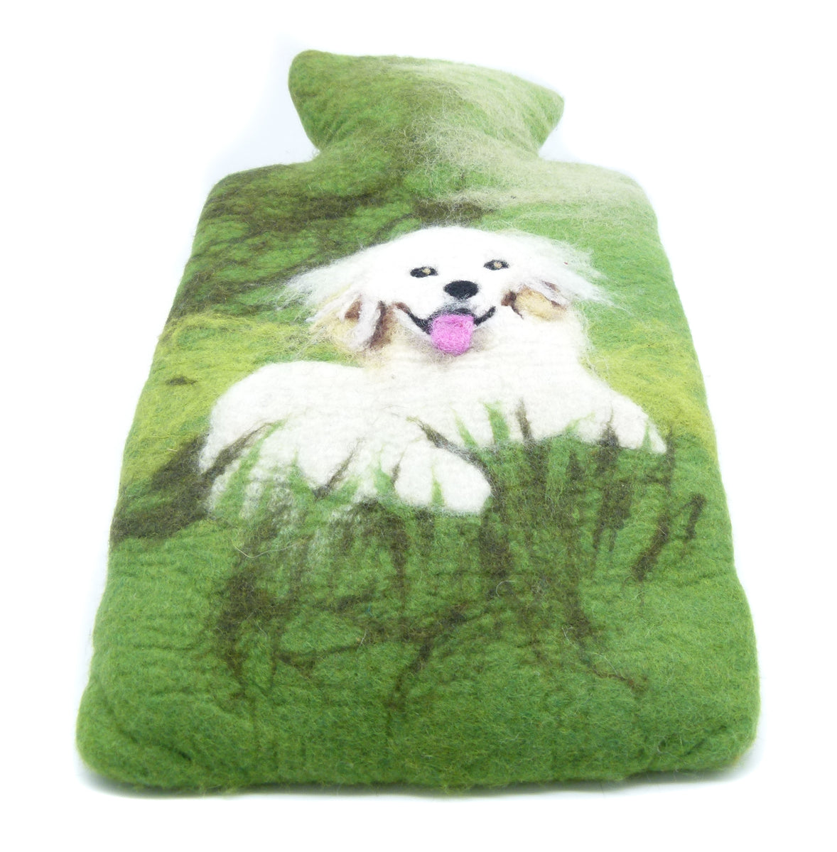 Fairtrade Wärmflasche grün mit Hund aus Wolle (Merino), gefilzt