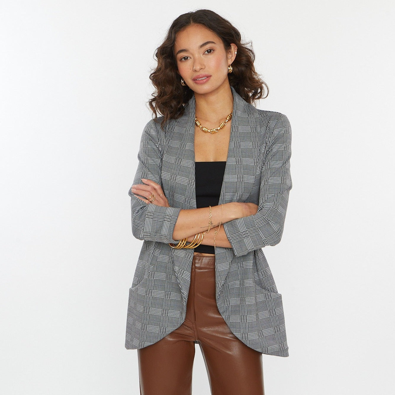 Olivia Mark – Longline Jacket with Plaid Print and Pocket Design