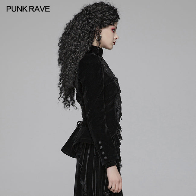 Punk Rave Women Gothic Weft Velvet Short Coat Lace Decoration Court Evening Party Stage Performance Novelty Costume