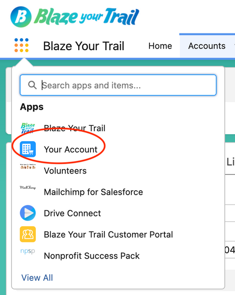 Screenshot of App Launcher showing Your Account 