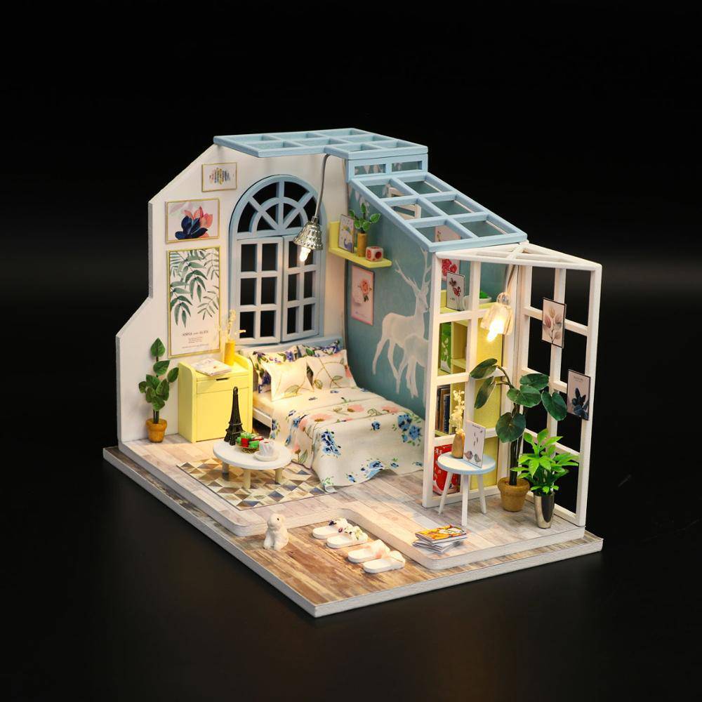 DIY 3D Wooden Bedsitter with Garden Dollhouse with Furniture and LED ...