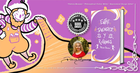 Entre Duendes Y Ratones hard cover 3d with author pic and Literary Titan Silver Book Award