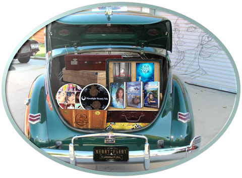 Vintage car with open trunk filled with Patricia Bossano books, Kelsey Gerard and Melon Chan Art and 