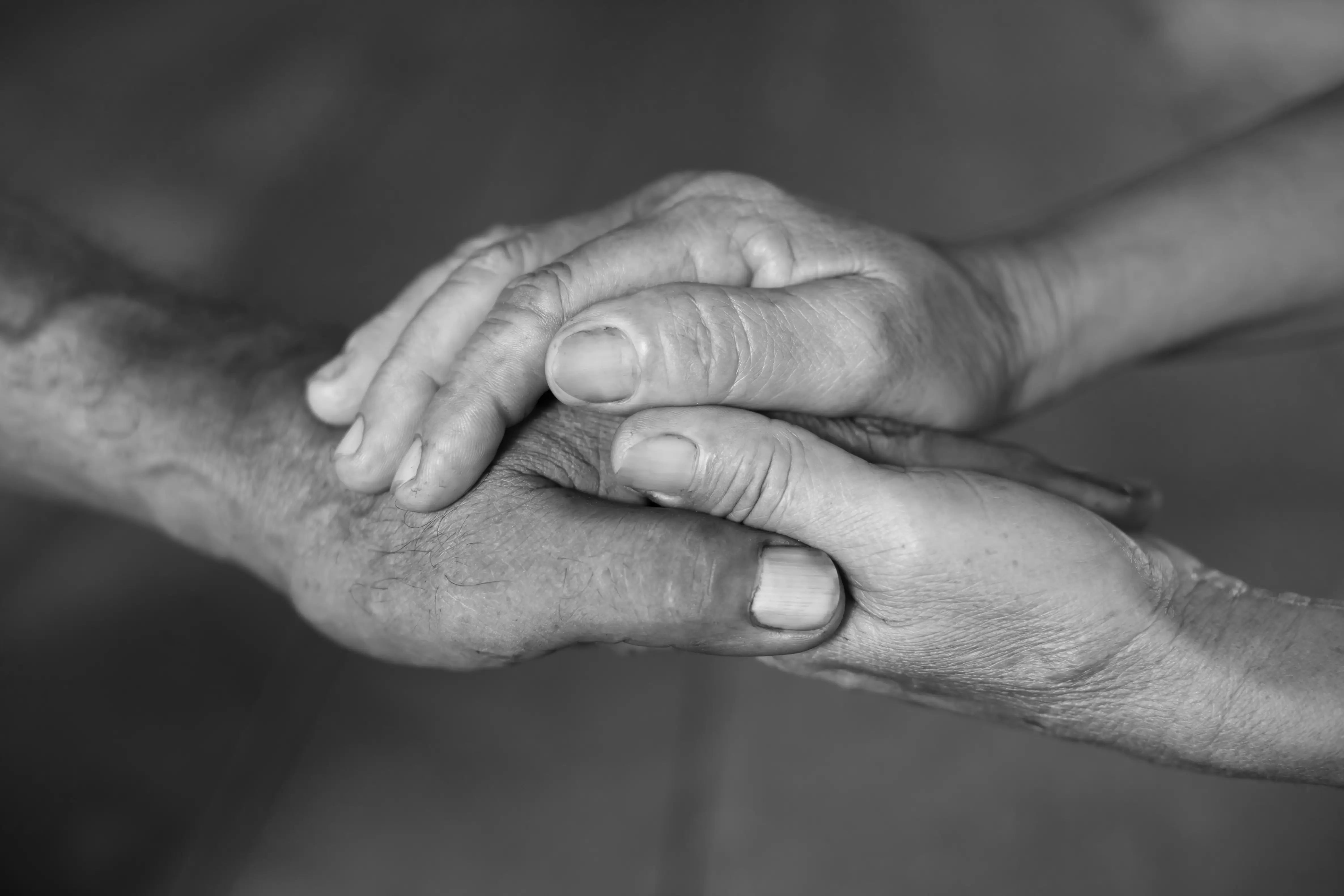 Close-up black and white photo of two pairs of elderly hands gently holding each other, symbolizing support, love, and remembrance.