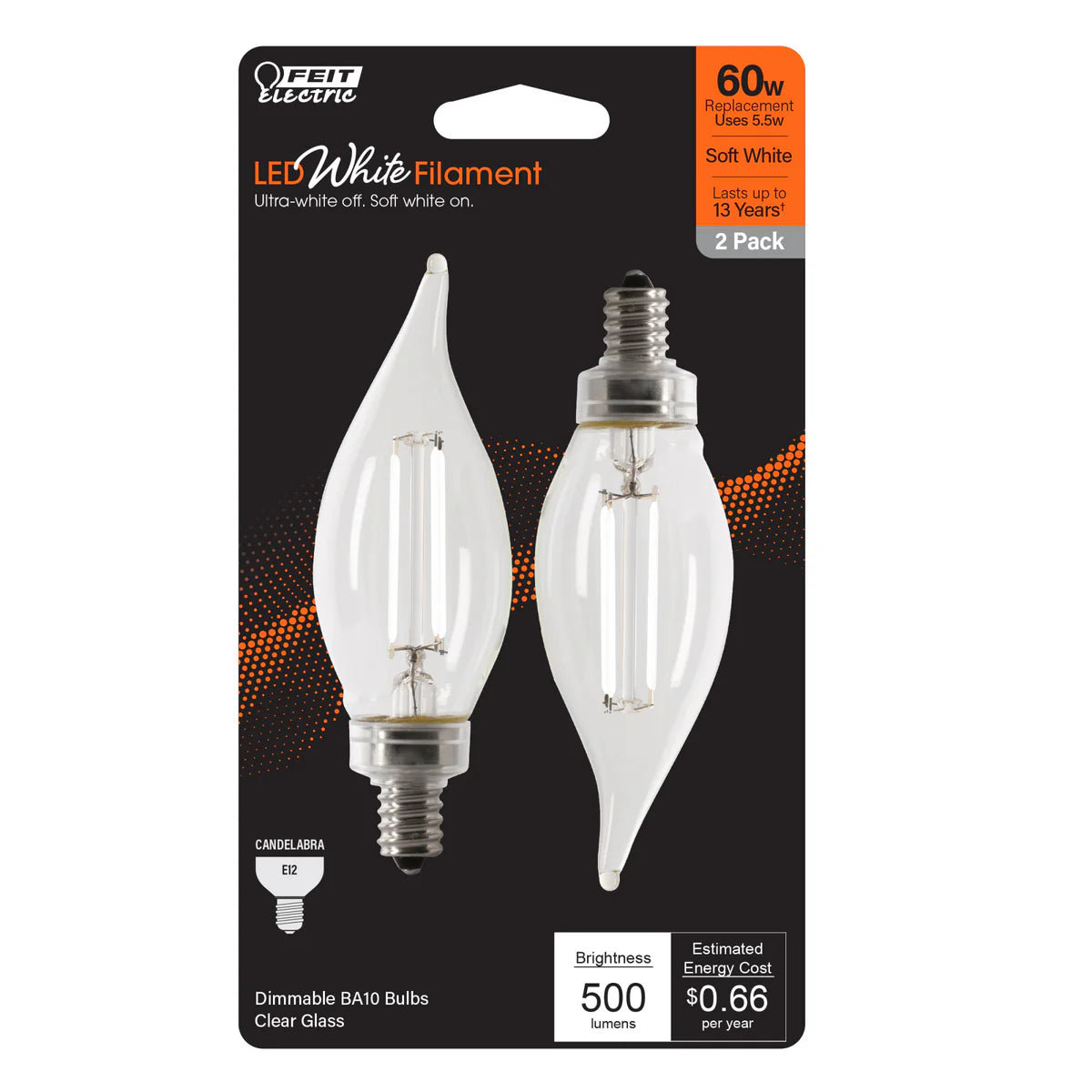 Feit 5.5W (60W Equivalent) Soft White (2700K) BA10 Shape (E12 Base) LED Flame Tip Exposed White Filament Bulb - 2-Pack