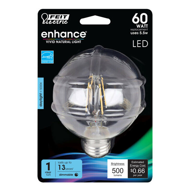 Feit 60W Replacement G25 Daylight Dimmable Enhance Glass Filament Globe LED