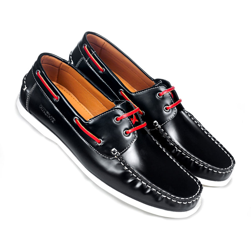 black slip on boat shoes