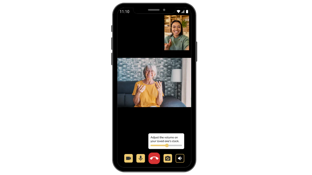 Video call initiated from the Idem companion app, showing simple options for reminders, messages, notes and video calling