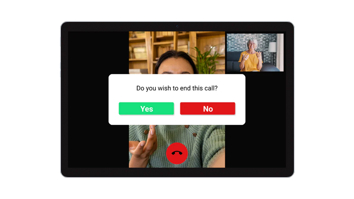 Confirmation screen on the Idem dementia reminder clock asking the user to confirm before ending a video call.