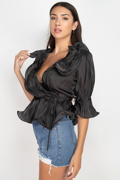 black short sleeve ruffle top